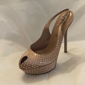 NIB Sergio Rossi Rose Gold Diamond Peep-Toe Slingback Heels Size EU 39 Dustbag